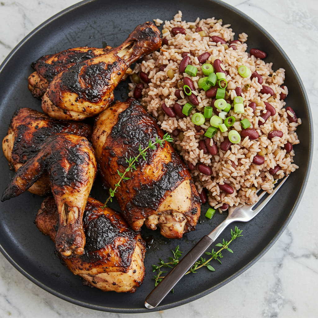 1. Classic Jamaican Jerk Chicken with Rice and Peas
