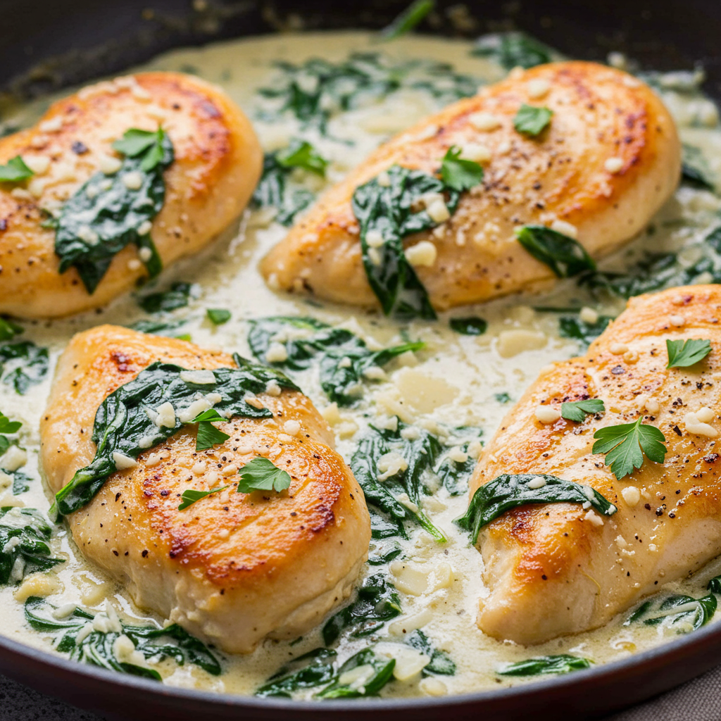 1. Creamy Garlic Spinach Chicken Skillet