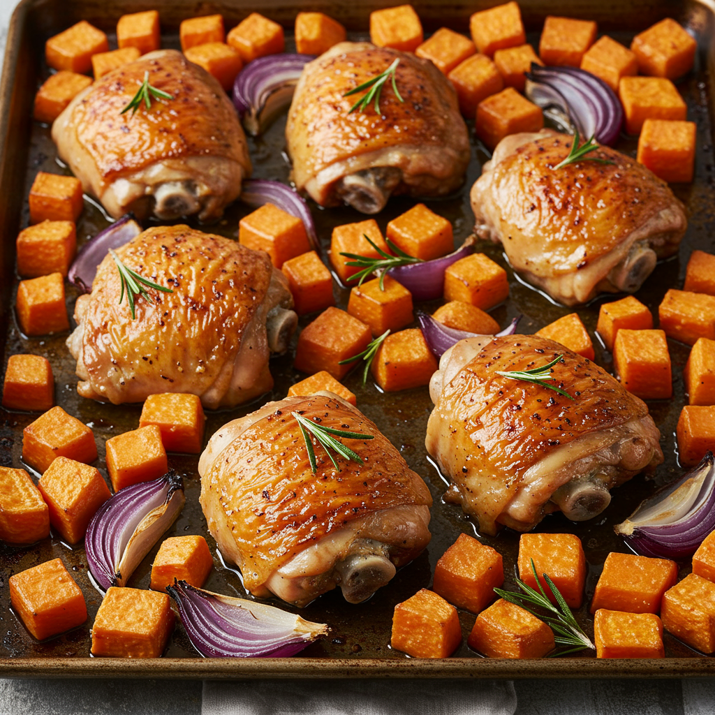 1. Maple-Glazed Roasted Chicken with Sweet Potatoes