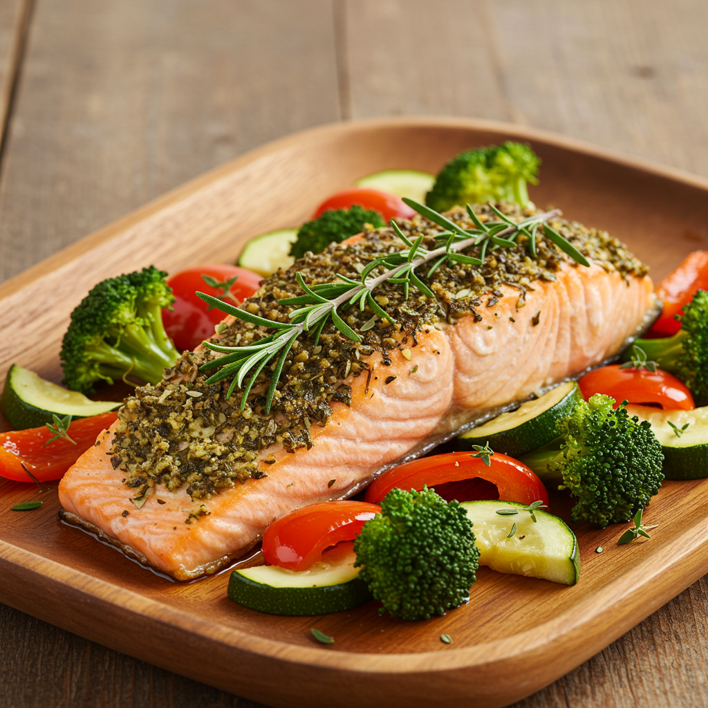 1. Mediterranean Herb-Crusted Salmon with Roasted Vegetables