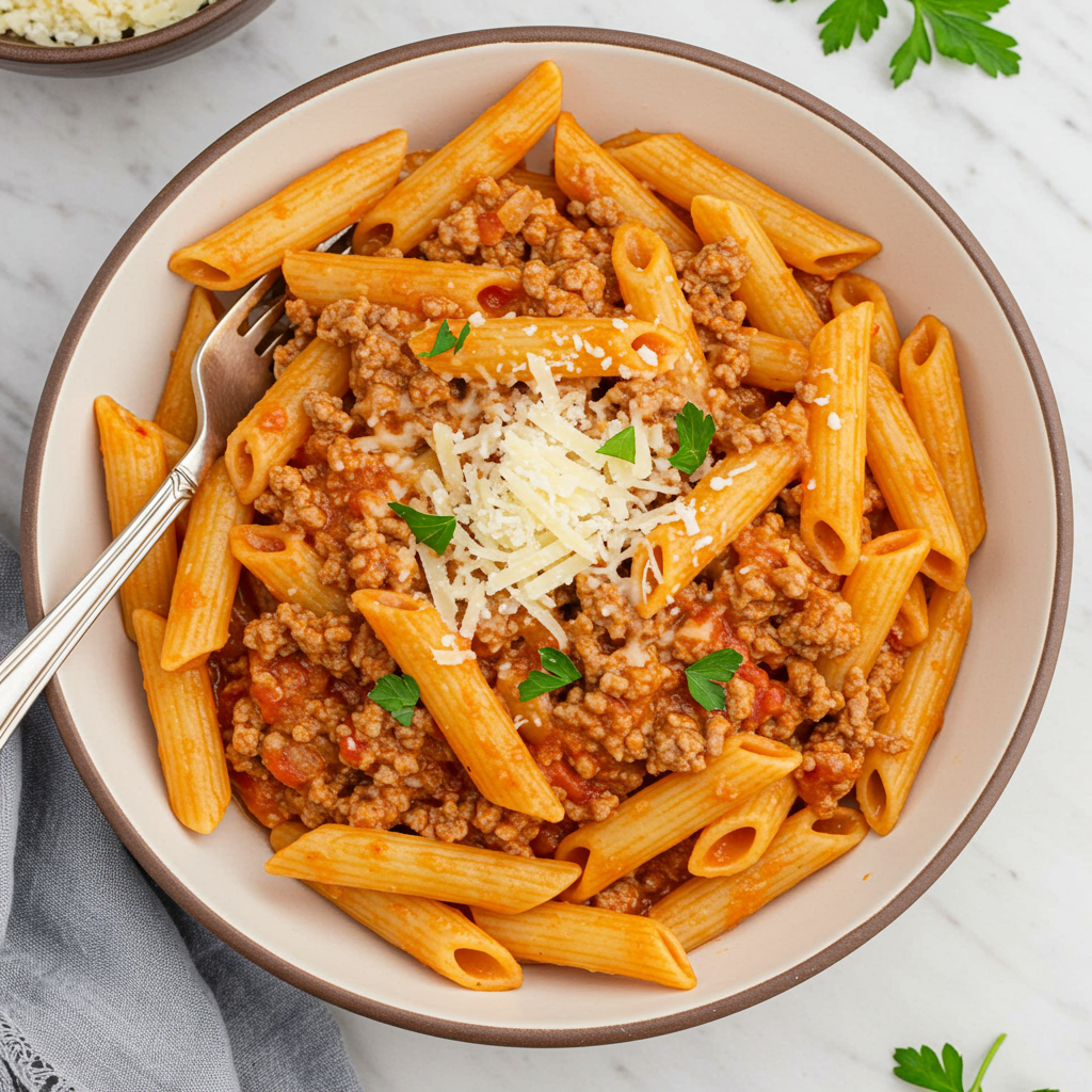 1. One-Pot Creamy Tomato Beef Pasta