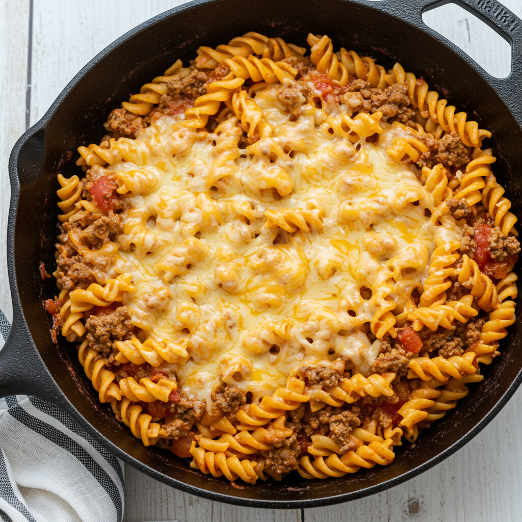 2. Cheesy Ground Beef Pasta Skillet