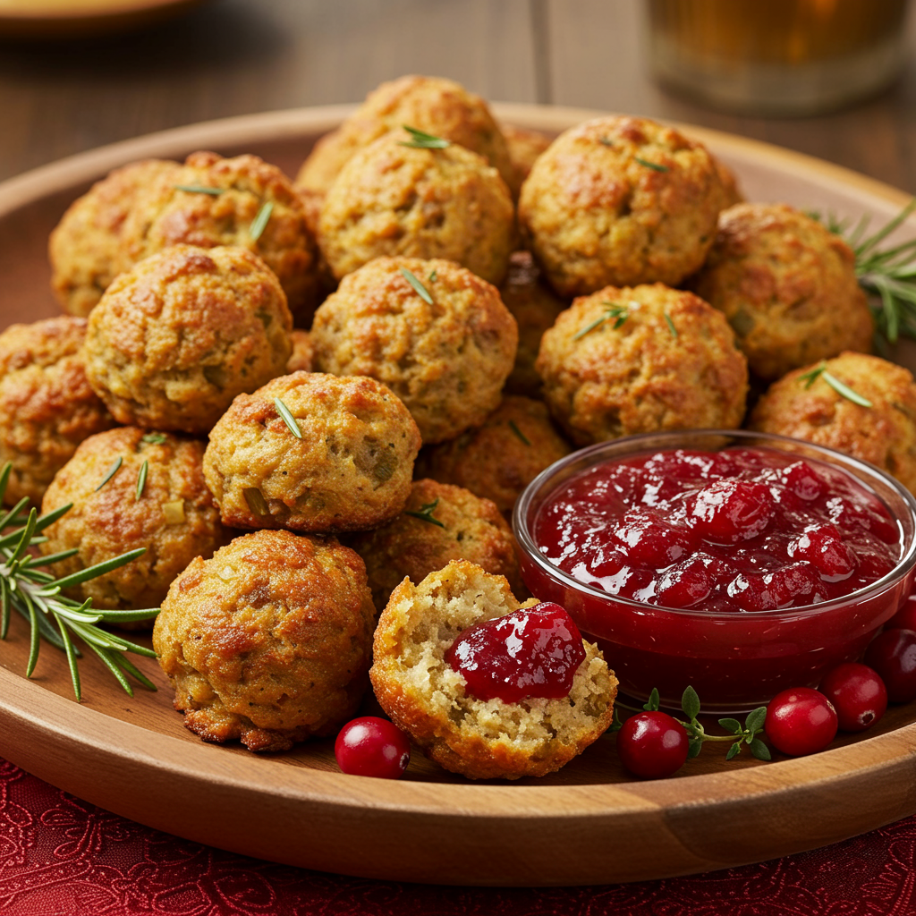 2. Sausage Stuffing Bites with Cranberry Sauce