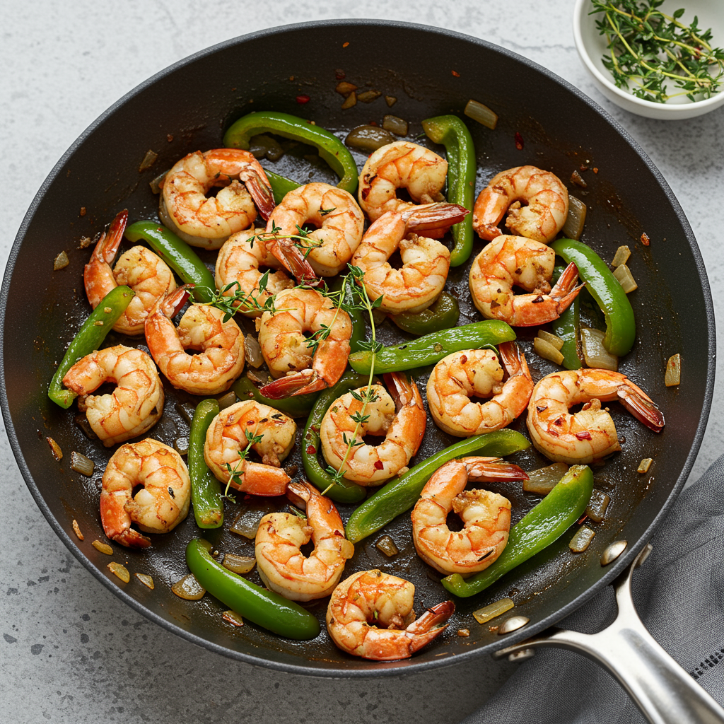 3. One-Pan Jerk Shrimp and Green Peppers Skillet
