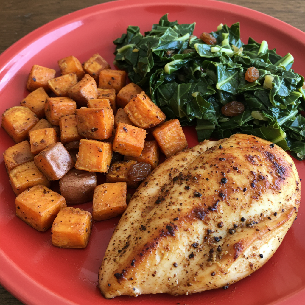 3. Paleo Jerk Chicken with Sweet Potatoes and Collards