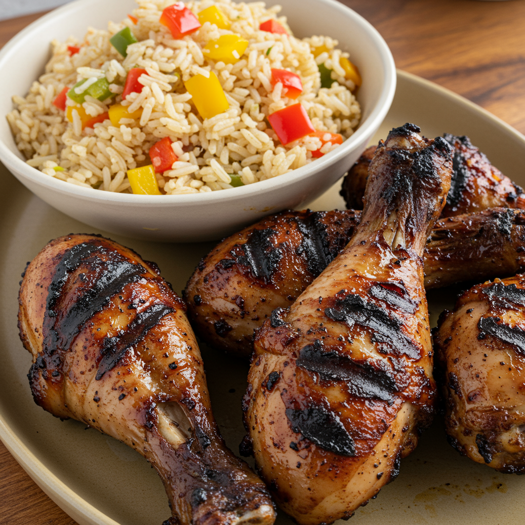 4. Grilled Jerk Chicken Drumsticks with Caribbean Rice