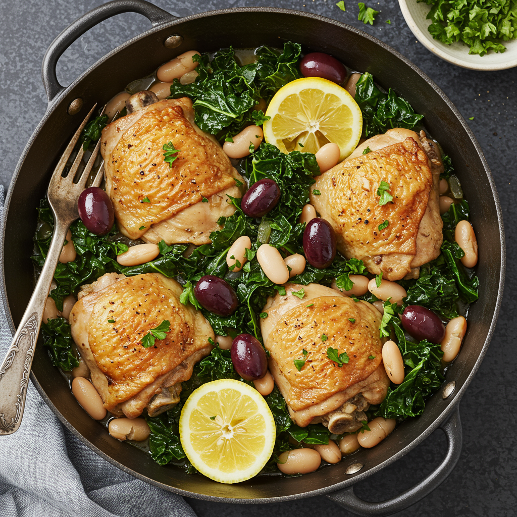 4. Mediterranean Braised Chicken with Kale and White Beans