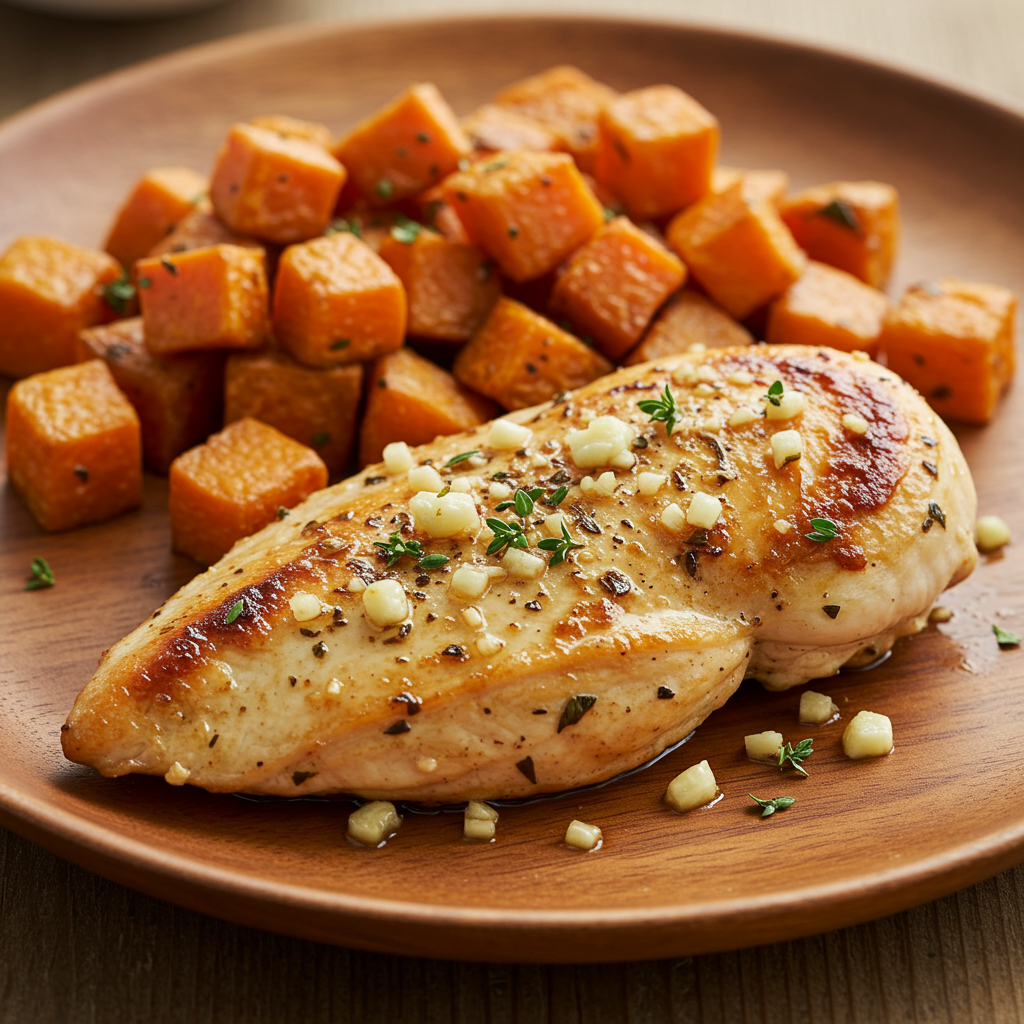 6. Garlic Herb Chicken with Roasted Sweet Potatoes