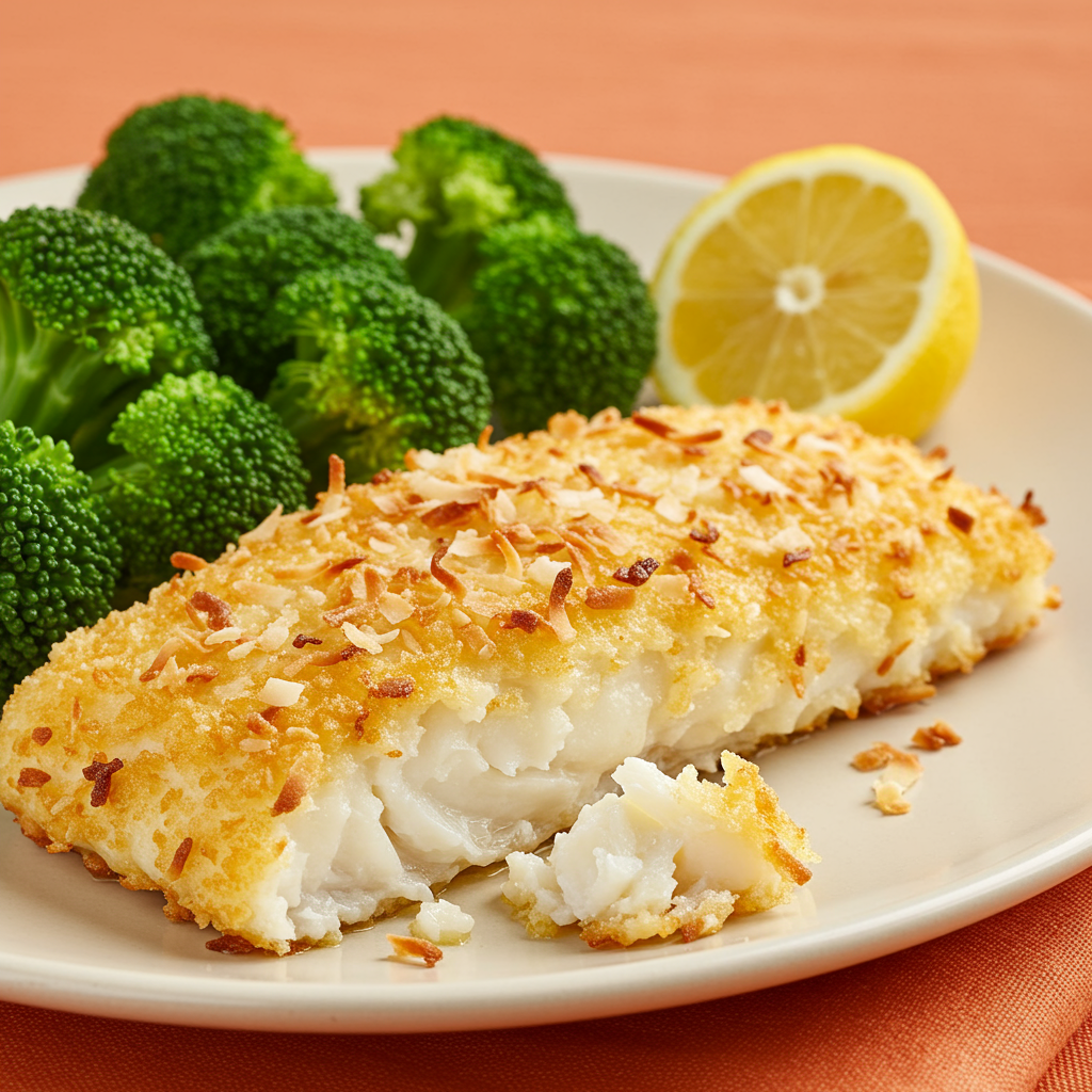 7. Coconut-Crusted Cod with Steamed Broccoli