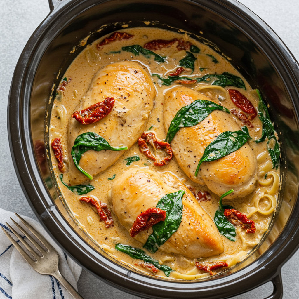 7. Slow Cooker Creamy Tuscan Chicken