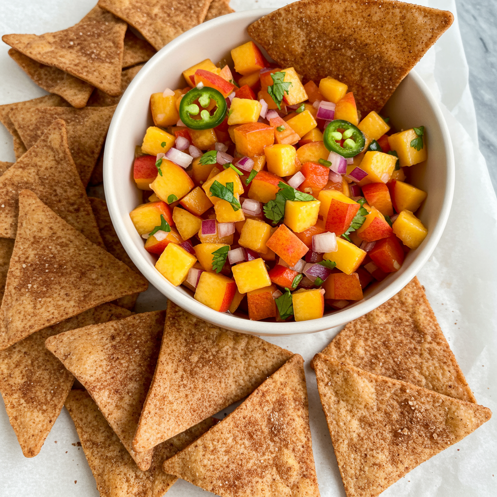10. Peach Salsa with Baked Tortilla Chips