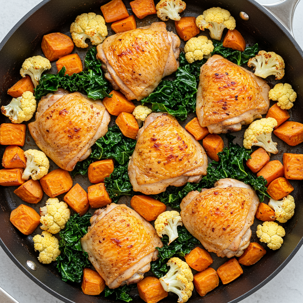 11. One-Pan Roasted Chicken and Kale with Sweet Potatoes