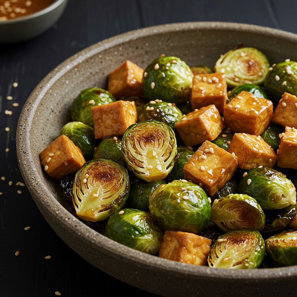 12. Roasted Brussels Sprouts and Crispy Tofu with Honey-Sesame Glaze