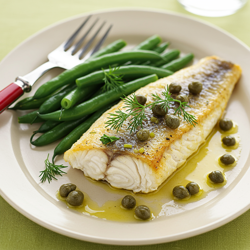 14. Baked Sea Bass with Lemon Caper Dressing