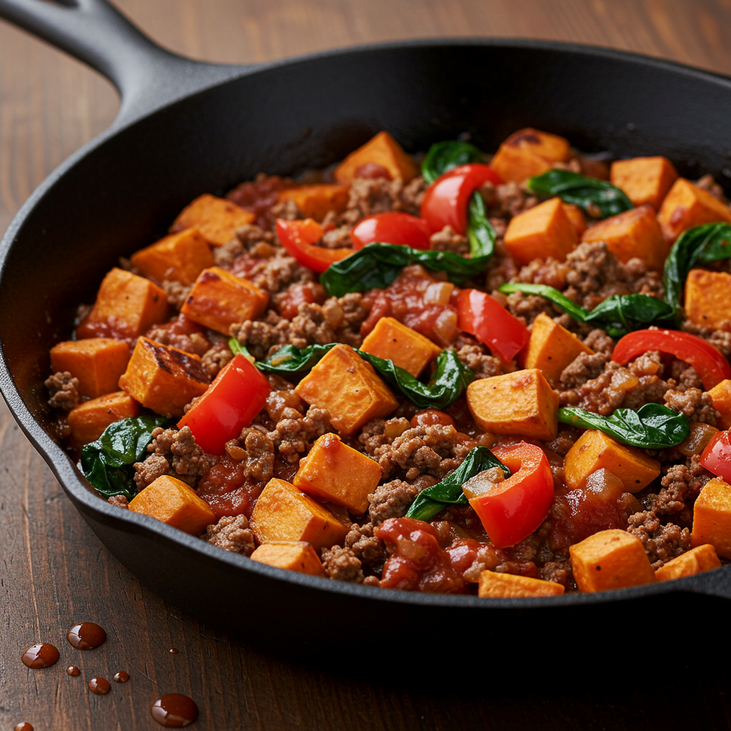 1. Hearty Beef and Sweet Potato Skillet