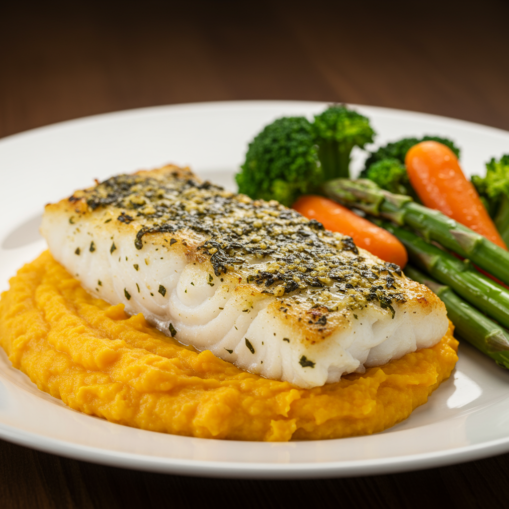 1. Herb-Crusted Baked Cod with Sweet Potato Mash