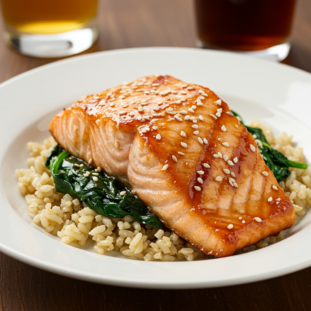 1. Maple-Marinated Salmon with Sesame-Spinach Rice