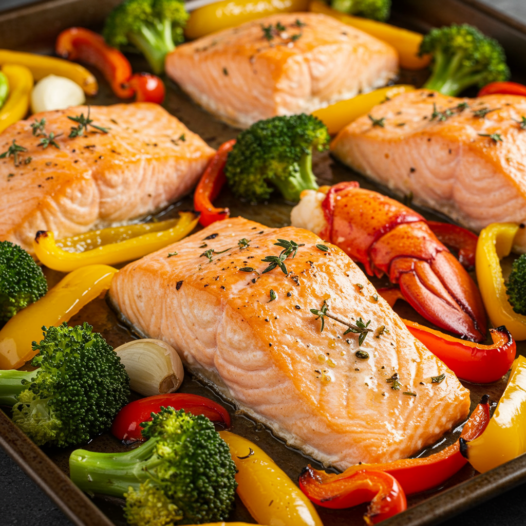 1. Sheet Pan Garlic Herb Salmon, Lobster, + Veggies