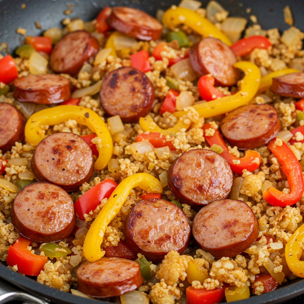 3. Kielbasa Peppers and Cauliflower Rice Skillet