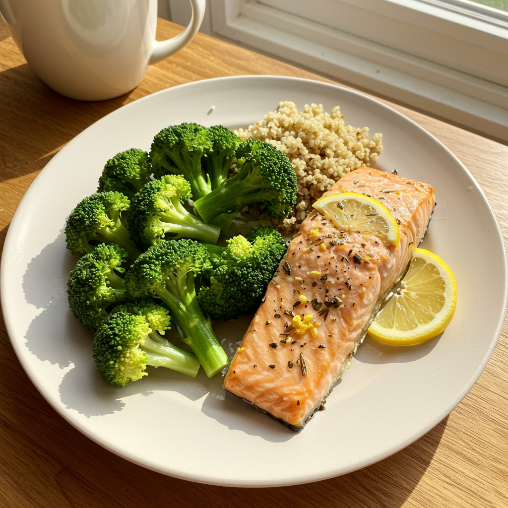 4. Lemon-Herb Salmon with Steamed Broccoli