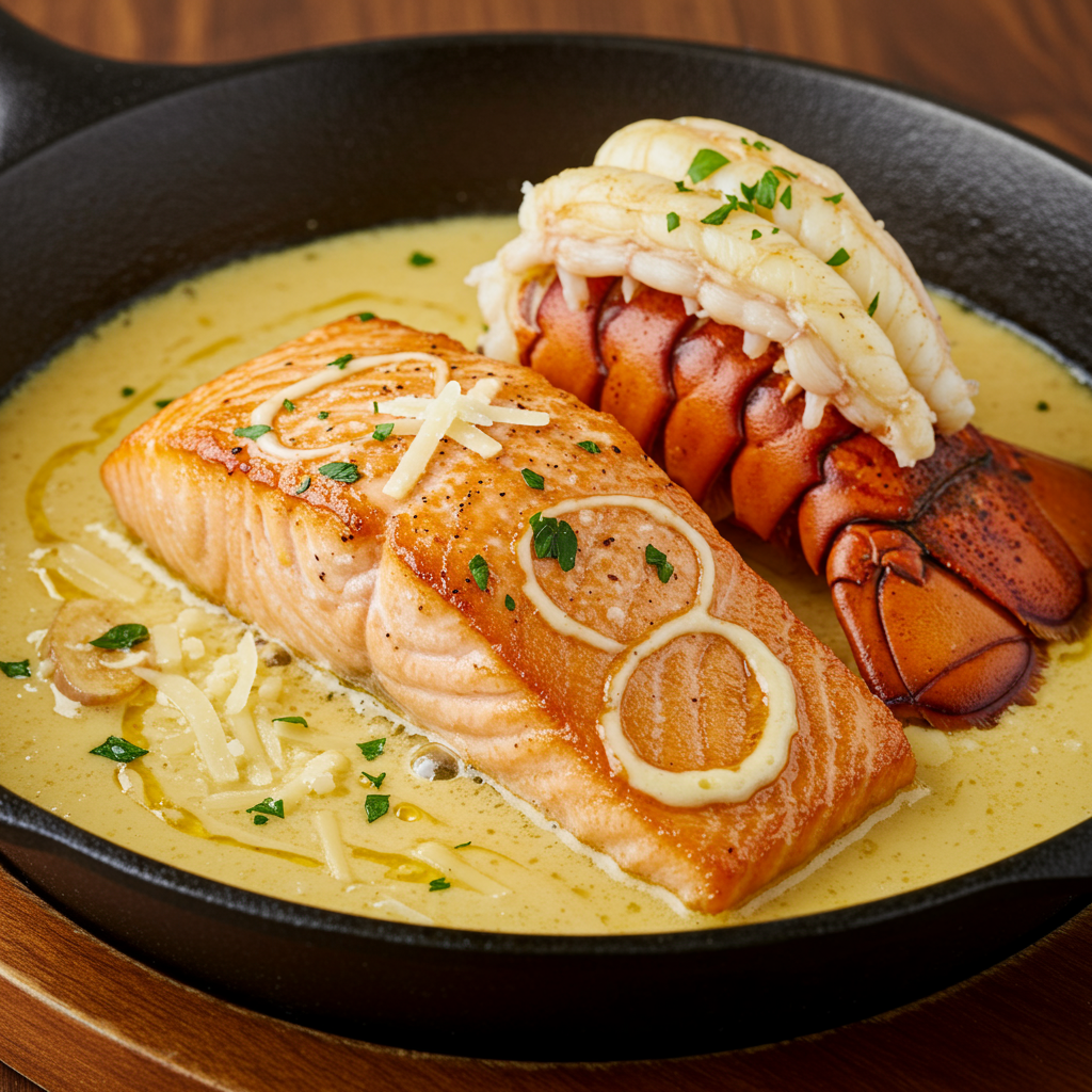5. Garlic Butter Salmon + Lobster in Creamy Lemon Parmesan Sauce