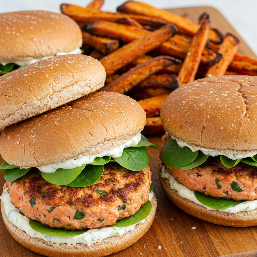 5. Salmon Burgers with Sweet Potato Fries