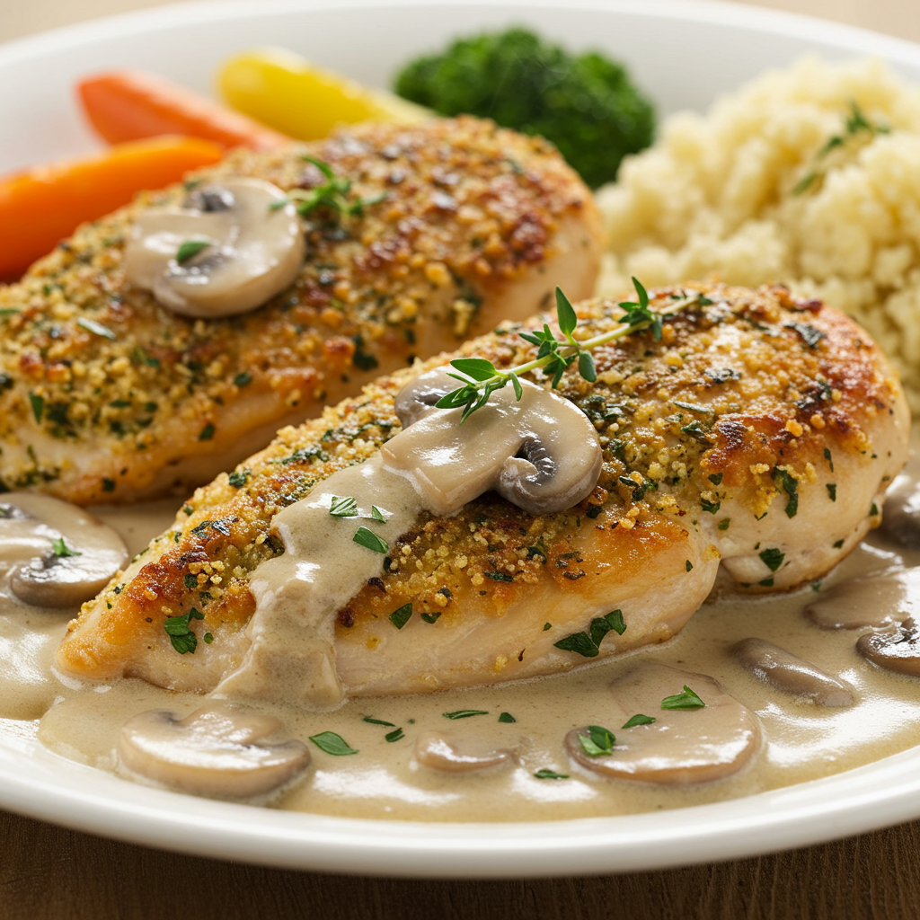 6. Herb-Crusted Creamy Mushroom Chicken