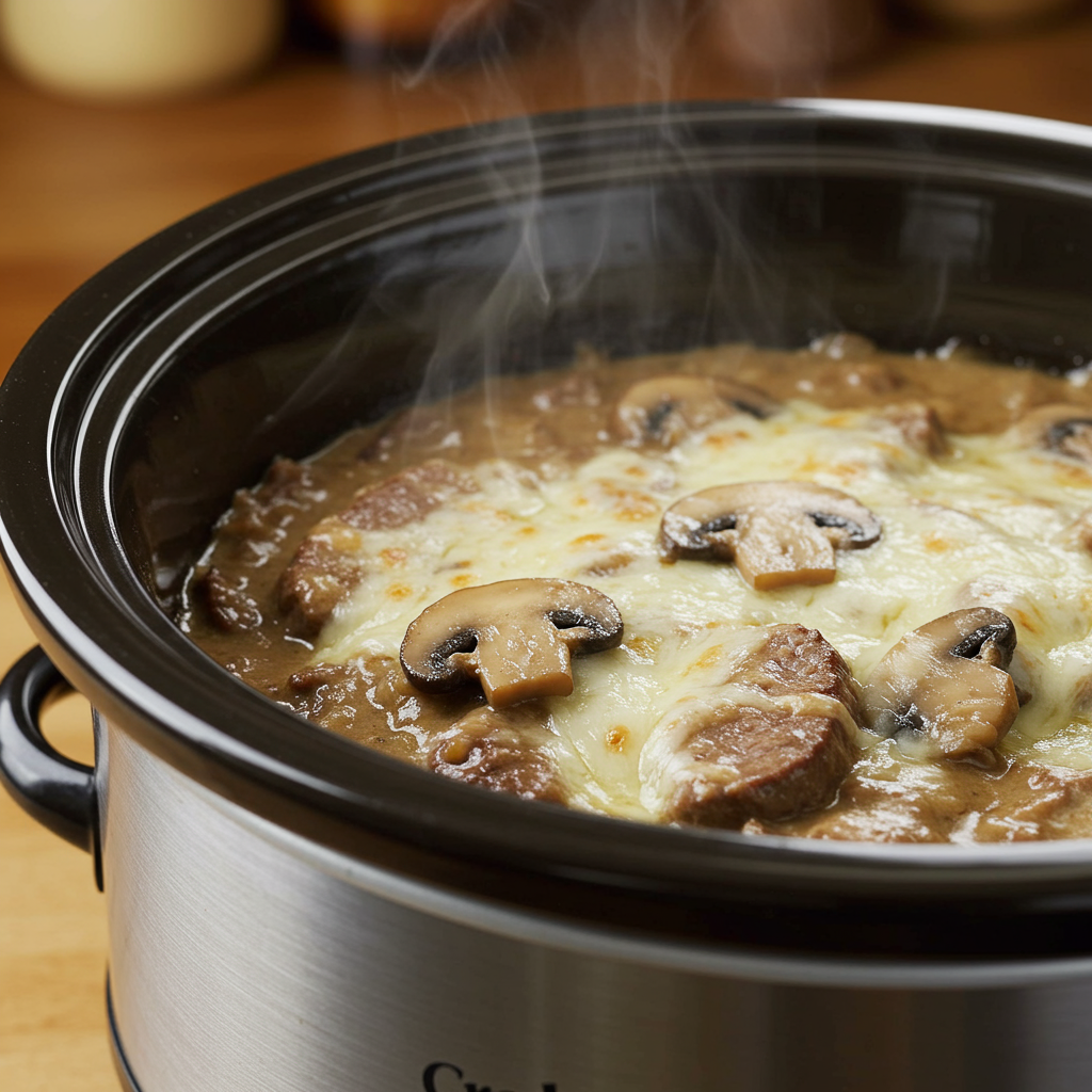 6. Mushroom Swiss Crockpot Steak