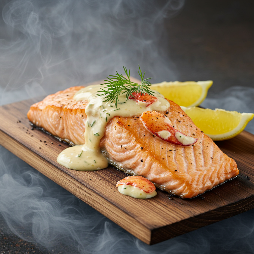 6. Salmon Baked on Cedar with Lobster Sauce