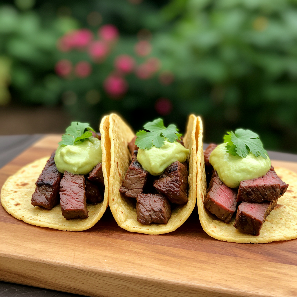 8. Elk Steak Tacos with Avocado Crema