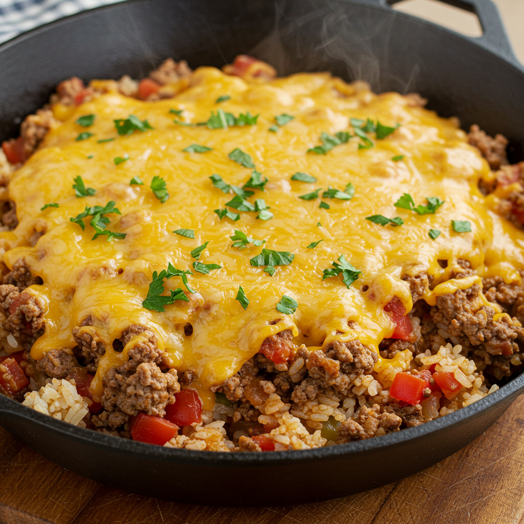 9. Classic American Beef and Rice Skillet