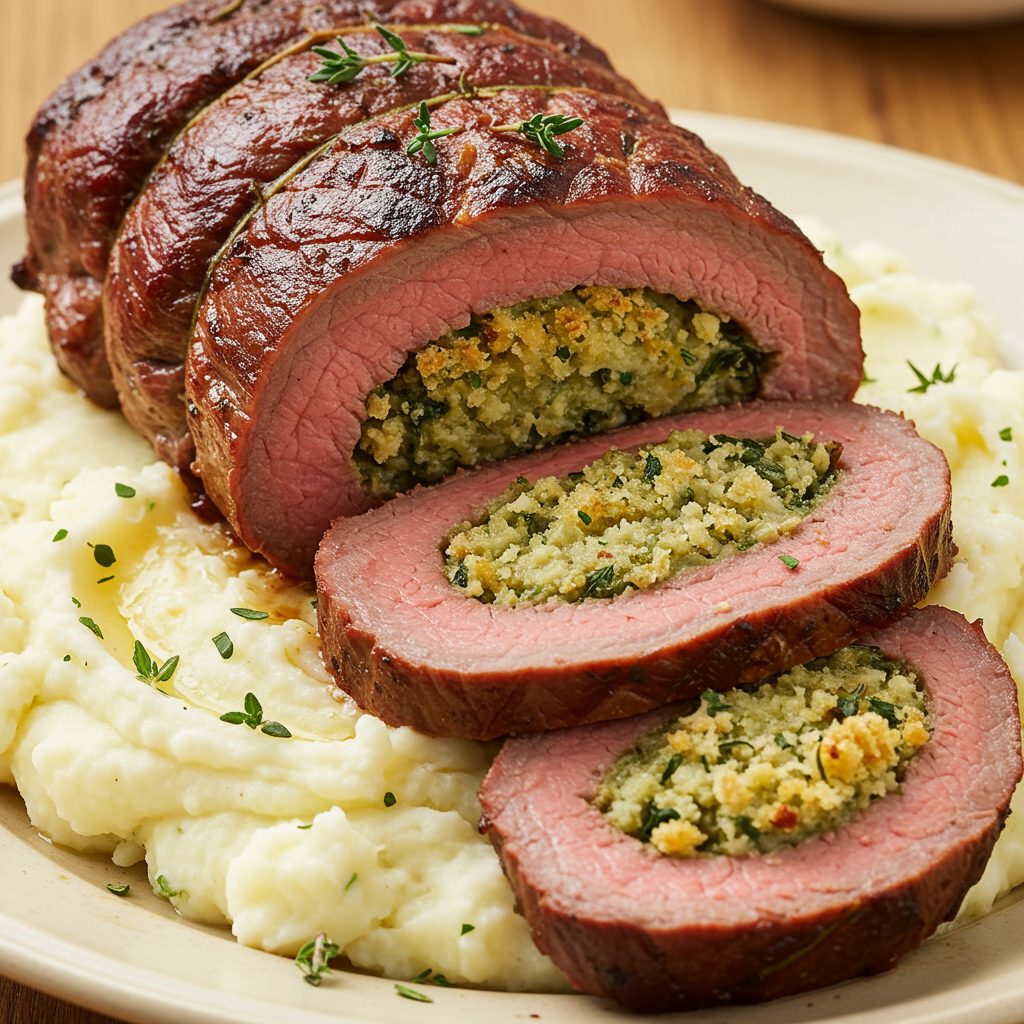 11. Herb-Crusted Stuffed Flank Steak with Breadcrumbs