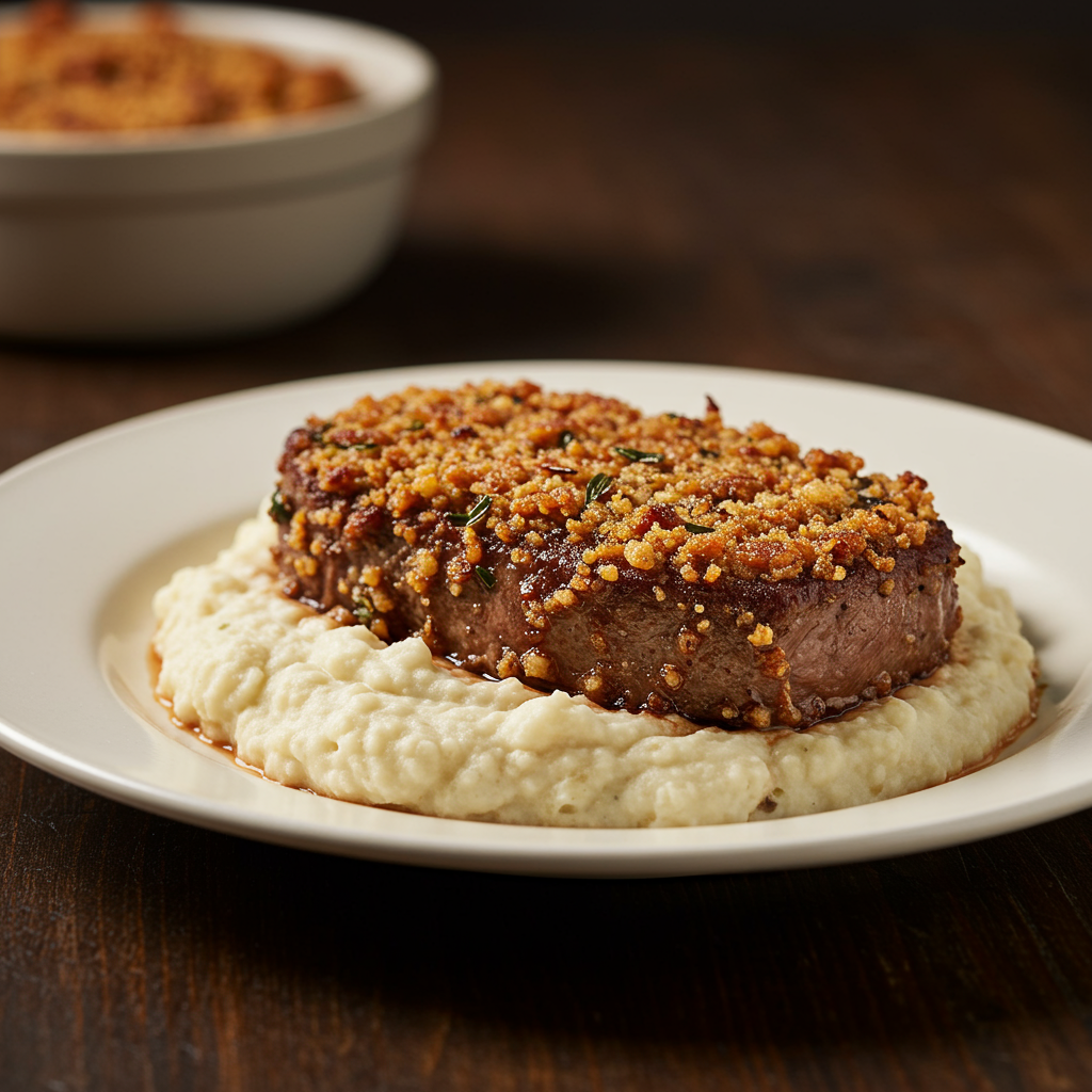12. Herb-Crusted Cube Steak with Cauliflower Mash