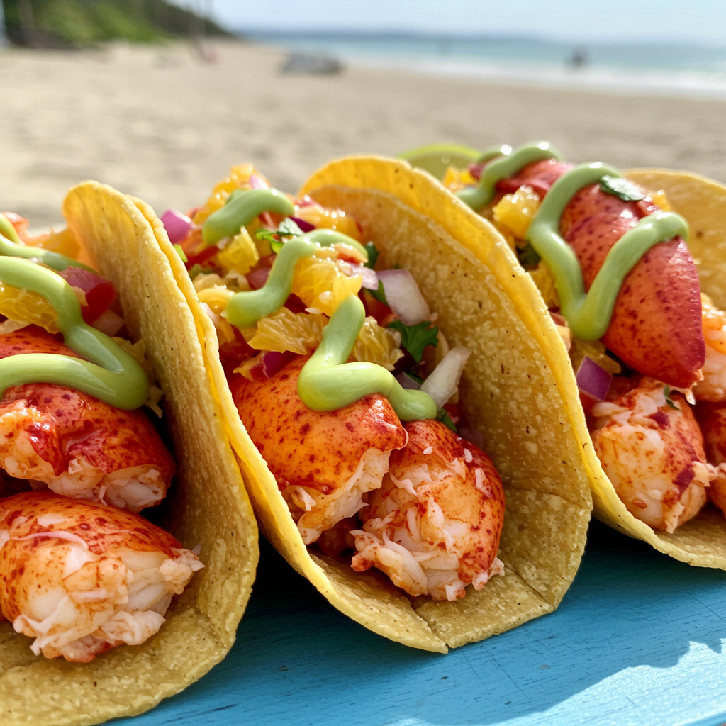 13. Lobster Tacos with Citrus Slaw and Avocado Crema