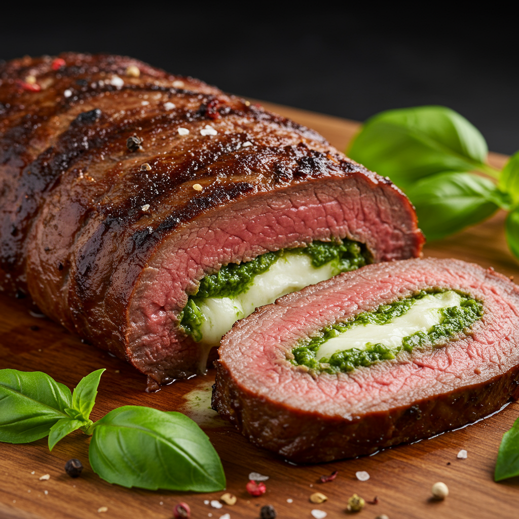 13. Pesto and Mozzarella Stuffed Flank Steak