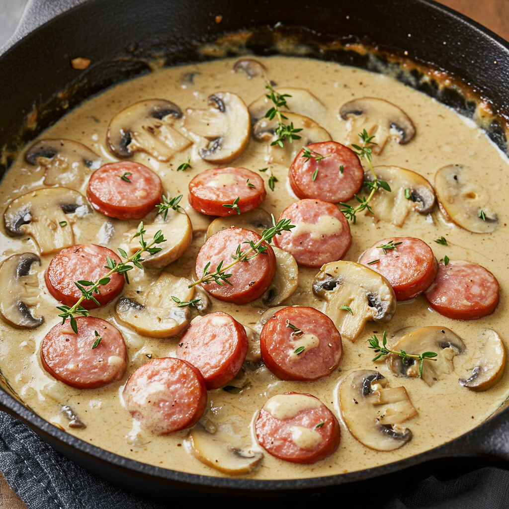 18. Creamy Kielbasa and Mushroom Skillet