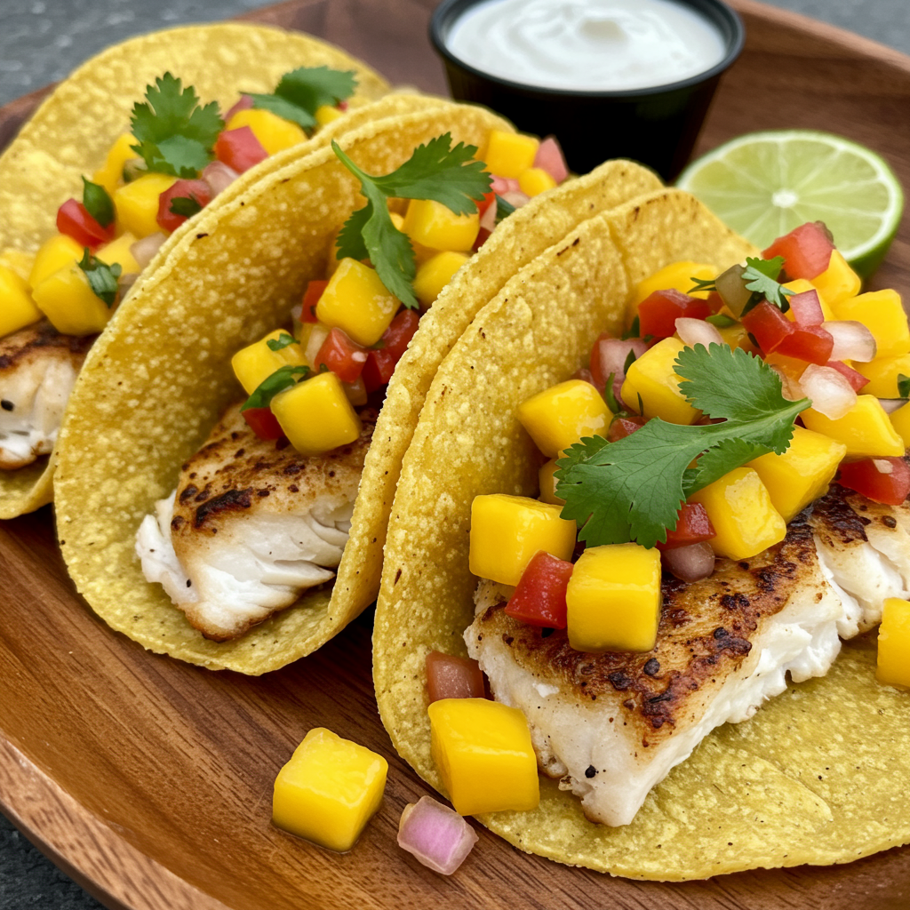 29. Fish Tacos with Mango Salsa